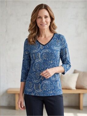 Susan Graver Liquid Knit Paisley Tunic Top Blue 3/4 Sleeve Small